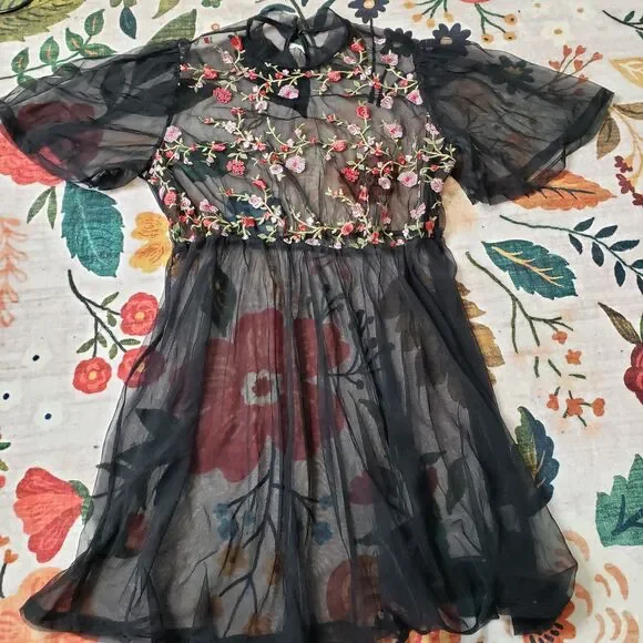 Black Mesh Babydoll Dress w/Floral Embroidery 1x Garden Party/Whimsygoth - Picture 2 of 6